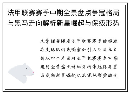 法甲联赛赛季中期全景盘点争冠格局与黑马走向解析新星崛起与保级形势观察